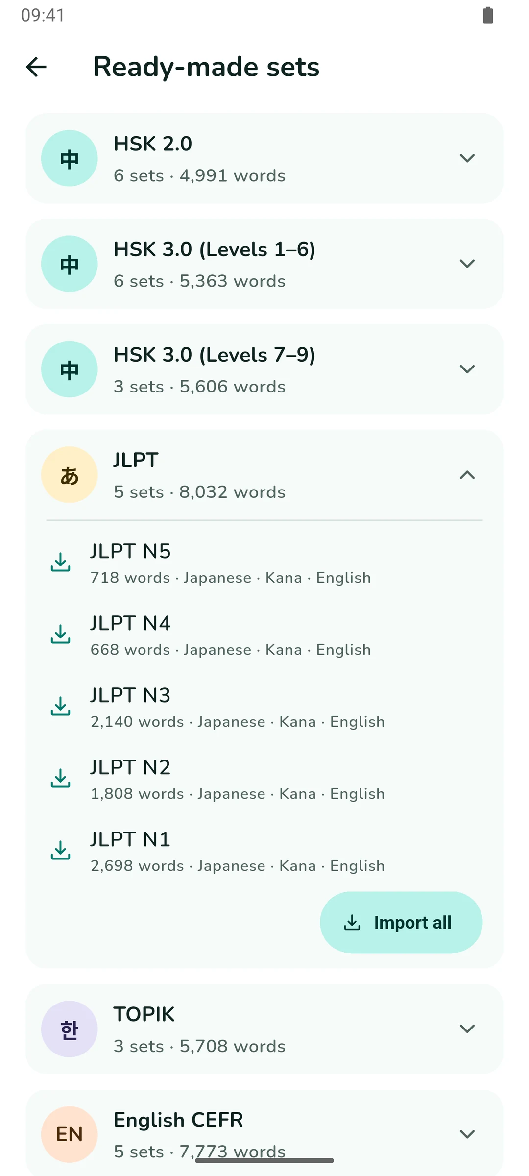 The ready-made sets browser with HSK, JLPT, TOPIK and CEFR groups for English, German, French and Spanish; the JLPT group is open showing N5 to N1 with their word counts. Captured on an earlier version — the catalogue has since gained English for Work & Study and B2 lists.