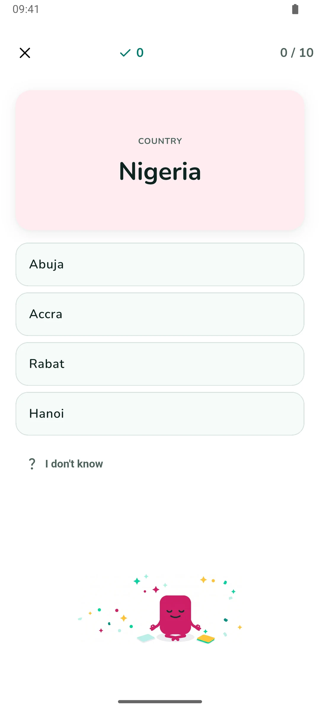 Multiple choice: the country Nigeria with four capital options and an I don't know button.