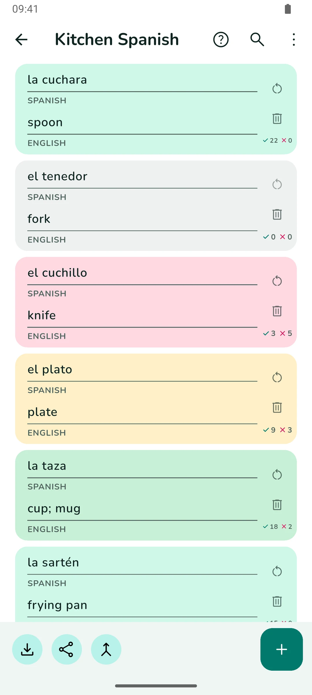 The card editor for a Spanish set: each card is a box tinted by how well it is known, from grey for unseen through magenta and yellow to mint, with per-card right and wrong tallies.