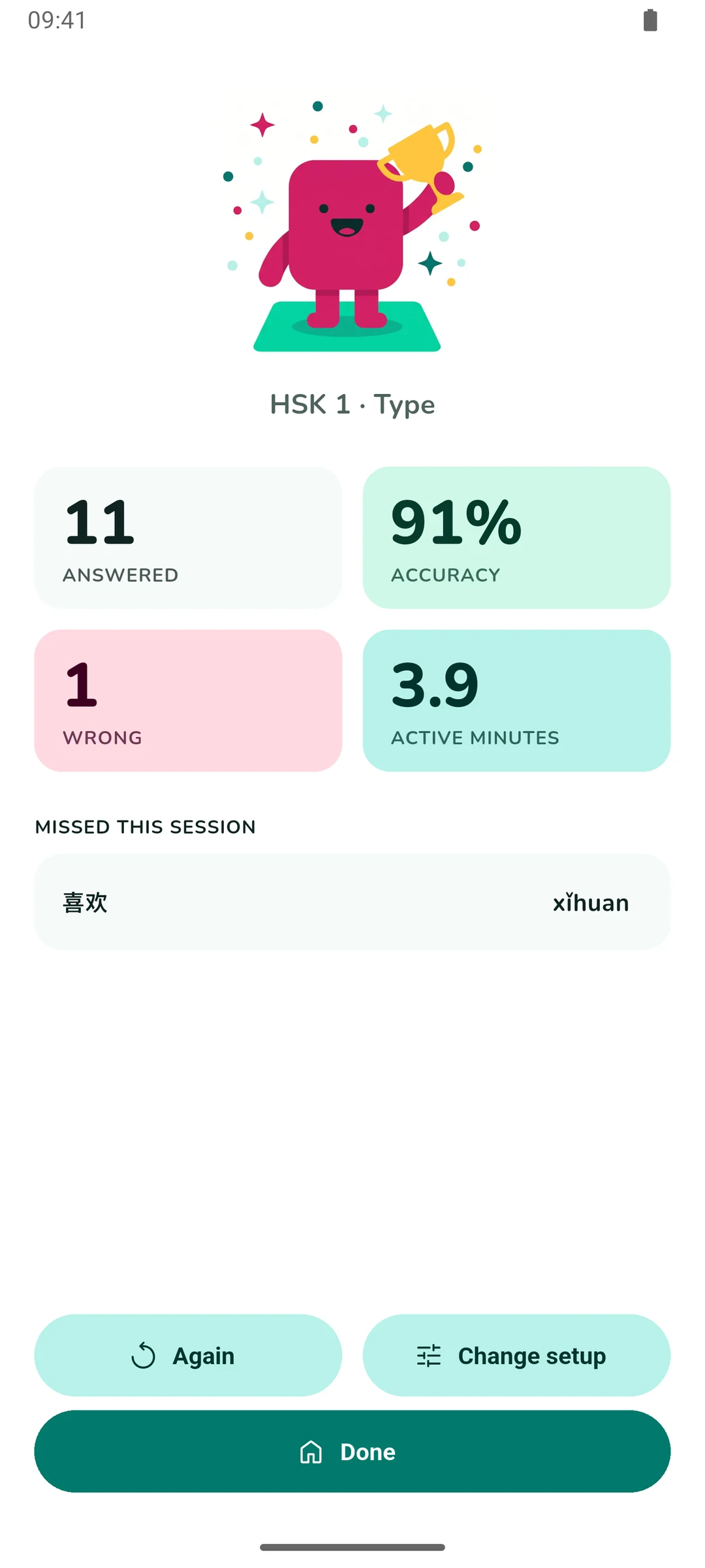 The results screen after a session: 11 answered, 91 % accuracy, 1 wrong, 3.9 active minutes, and the missed card listed with its answer.