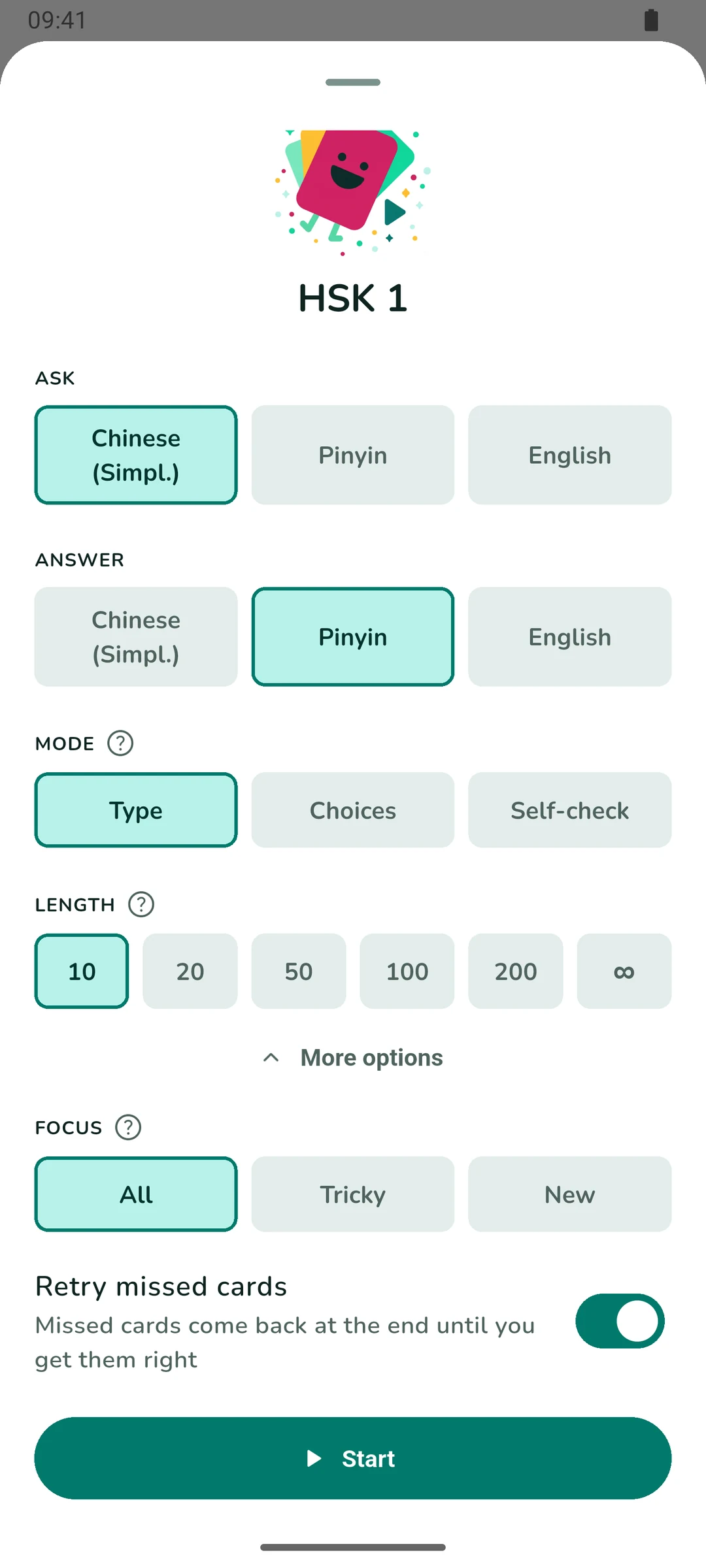 The test setup sheet: Ask and Answer side pickers, a mode row of Type, Choices and Self-check, a length row of 10 to 200 and infinity, a focus row of All, Tricky and New, and a retry-missed switch.
