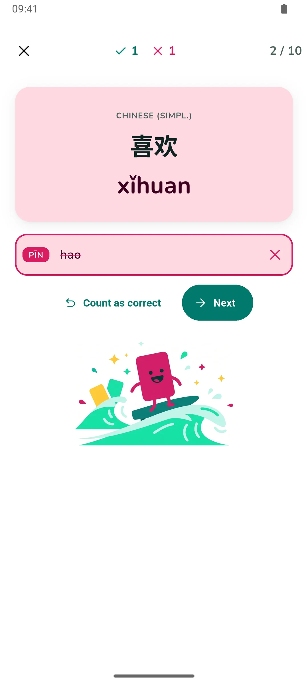 A wrong typed answer: the card flashes magenta and shows the expected answer, with the typed answer struck through and a Count as correct button.